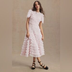 Mac Duggal High-Neck Short-Sleeve Tiered Ruffle A-Line Dress